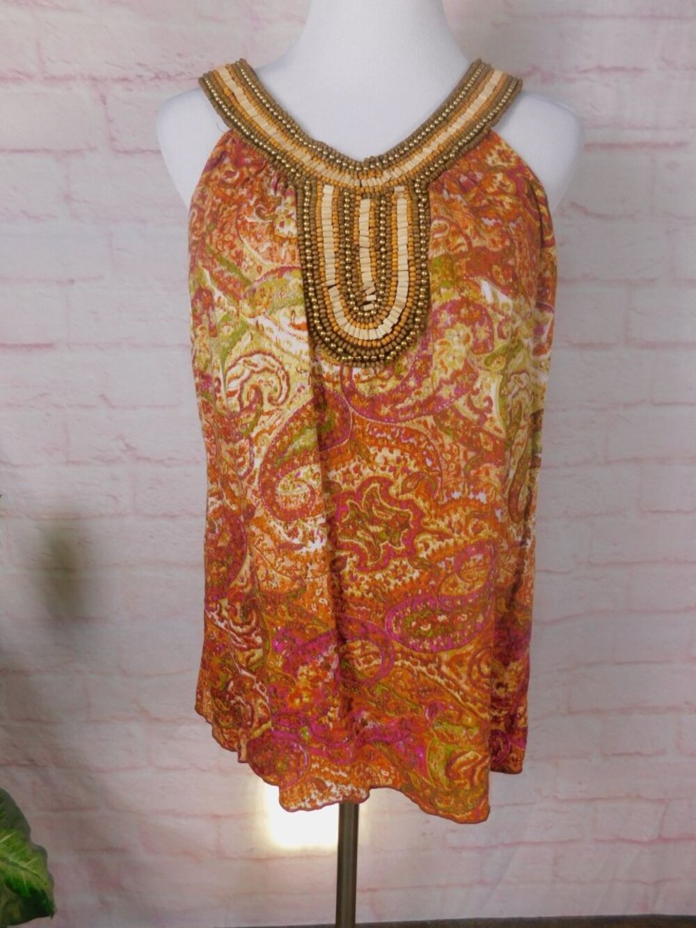 Dressbarn Womens Beaded Paisley Orange & Pink Halter Top Size L